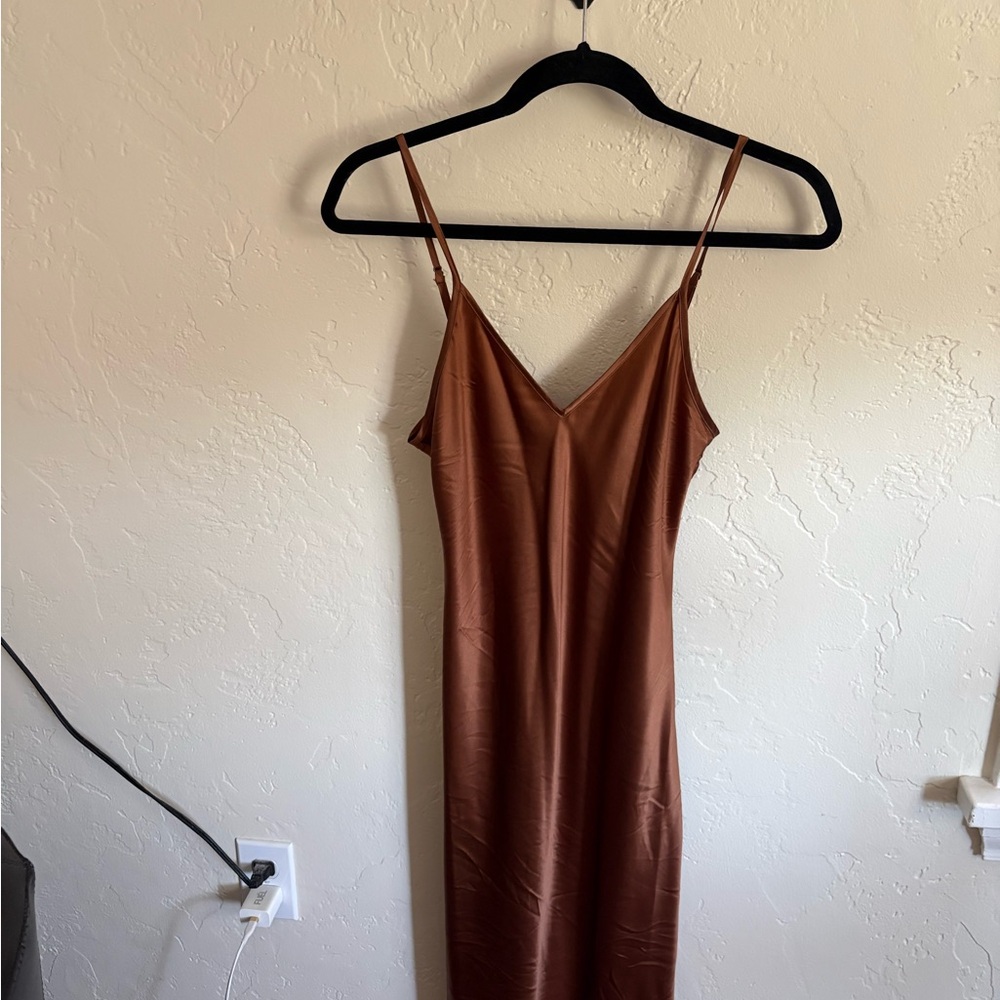 Brown Silk Slip Dress - Women's Elegant V-Neck